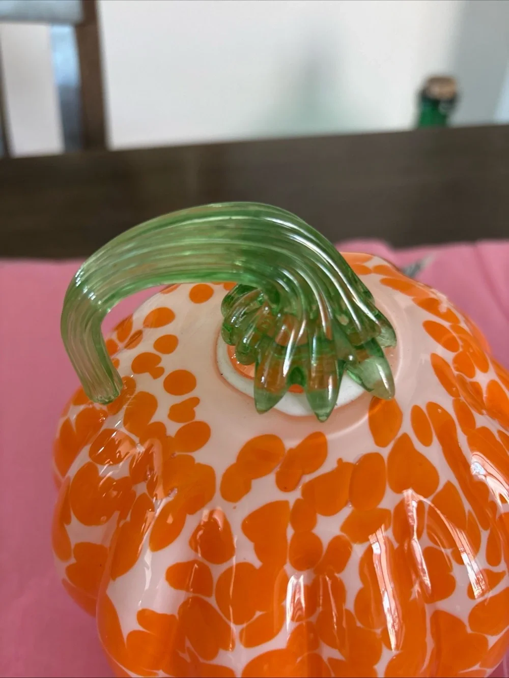 Handblown Glass White With Orange Spots Pumpkin Green Stem